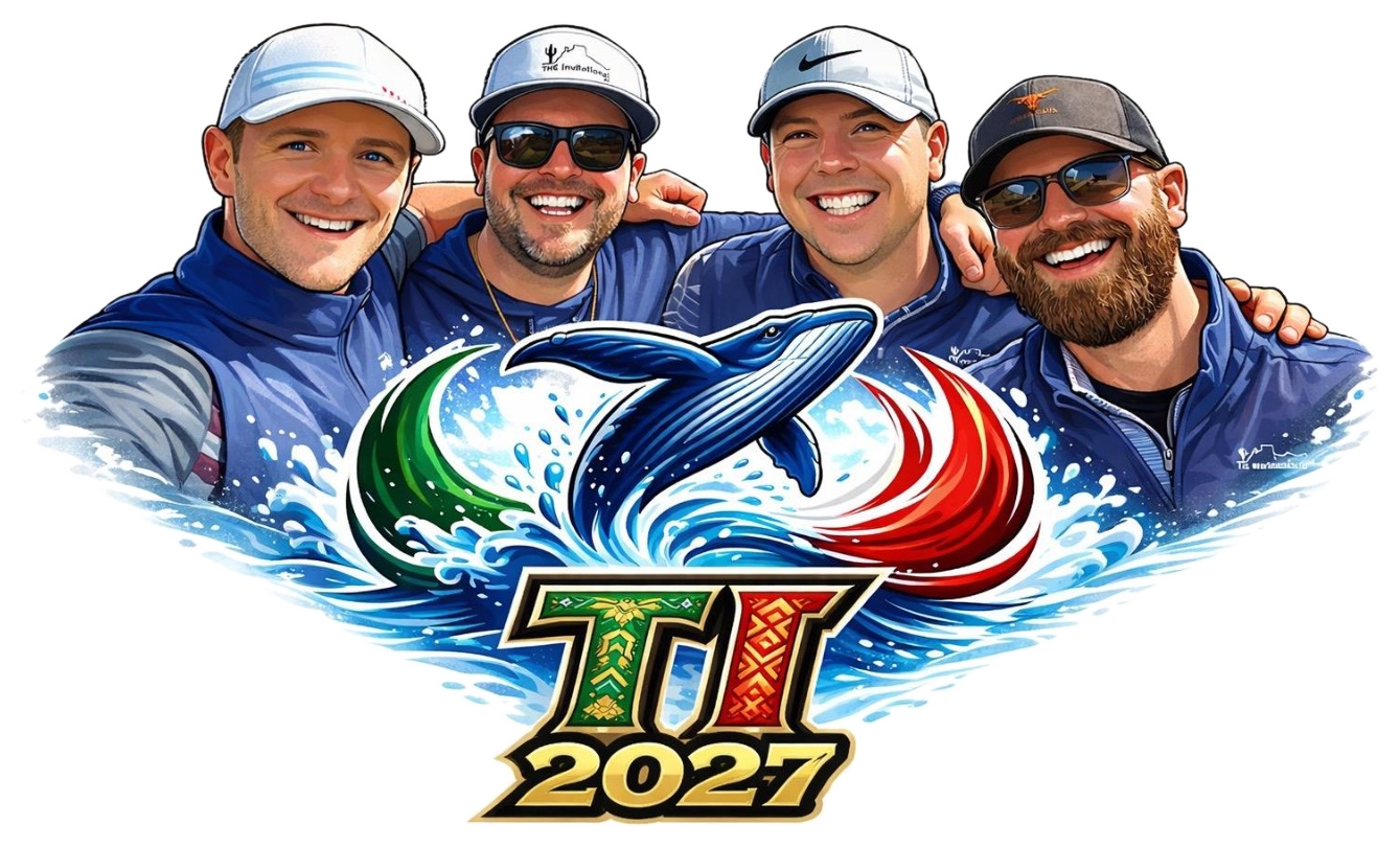 The International 2027 tournament artwork featuring four golfers and a whale